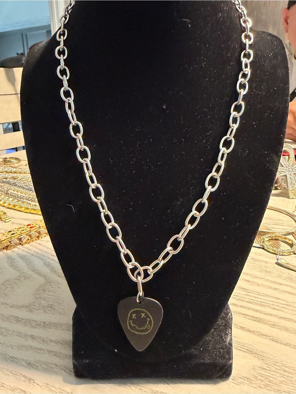 Nirvana Silver Chain Necklace with Black Guitar Pick Pendant